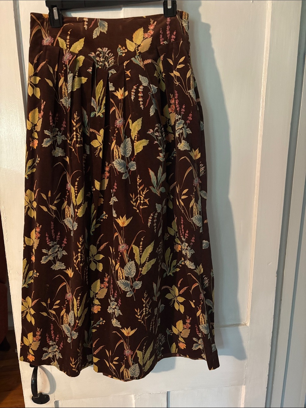 Brown Floral Brushed Velvet yoke front with invisible side zipper Midi Skirt